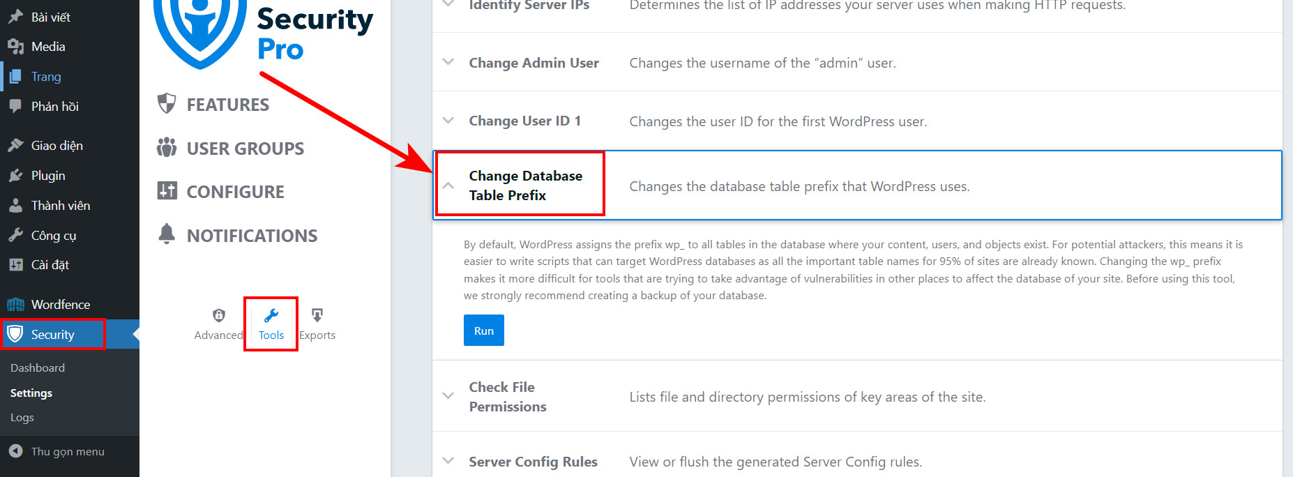 Chọn Change Database Table Prefix